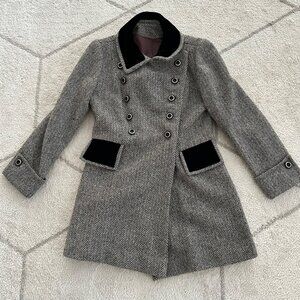 Vintage 60s Mid-Length Velvet Collar Wool-Blend Herringbone Coat